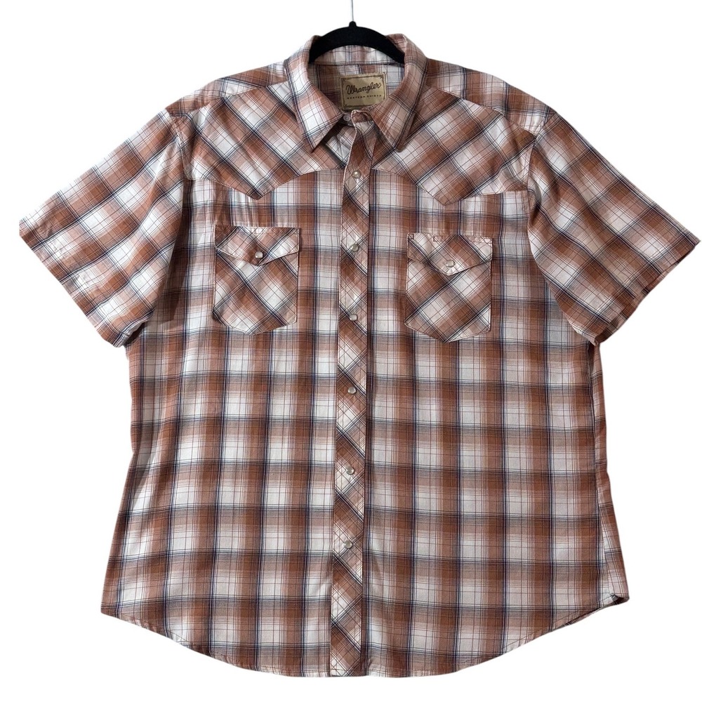 Wrangler Western Pearl Snap Shirt Mens XL Brown Plaid Short Sleeve Cowboy Ranch